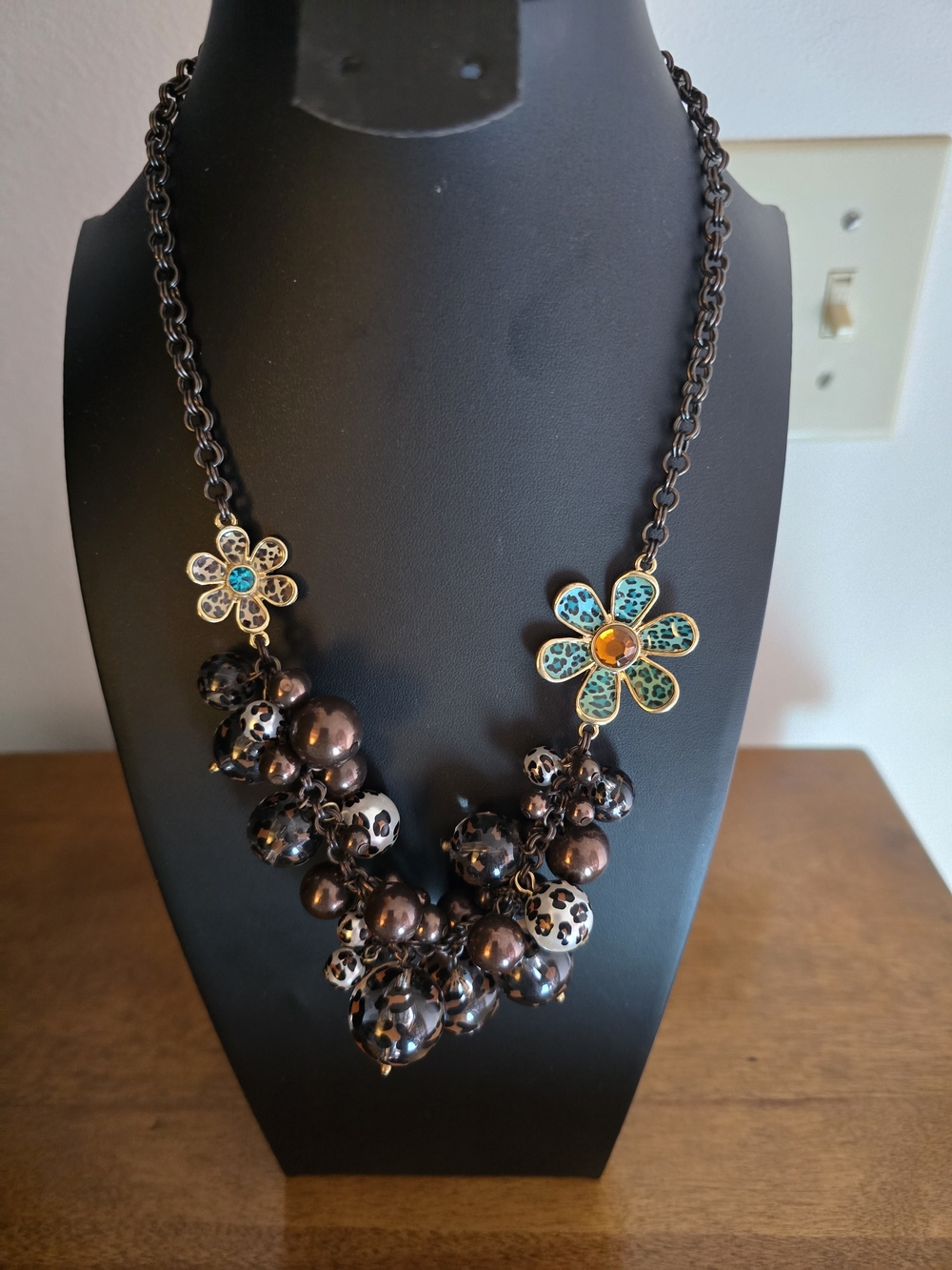 Betsey Johnson Brown Bead Cluster Necklace with Turquoise Flower Accents